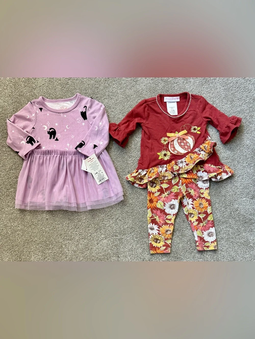 Halloween / Fall.   Size 3M - 6M.  Fall outfit and black cat purple dress.